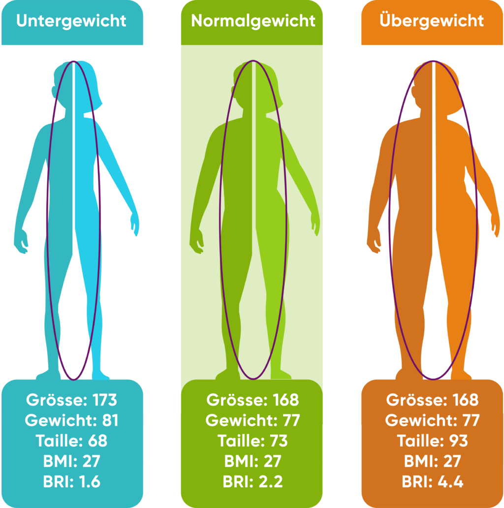 Illustration von drei Körperformen mit BMI und BRI